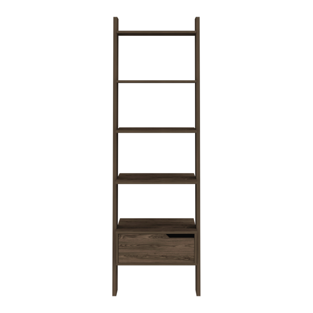 Ladder Bookcase Bull, One Drawer, Five Open Shelves, Dark Walnut
