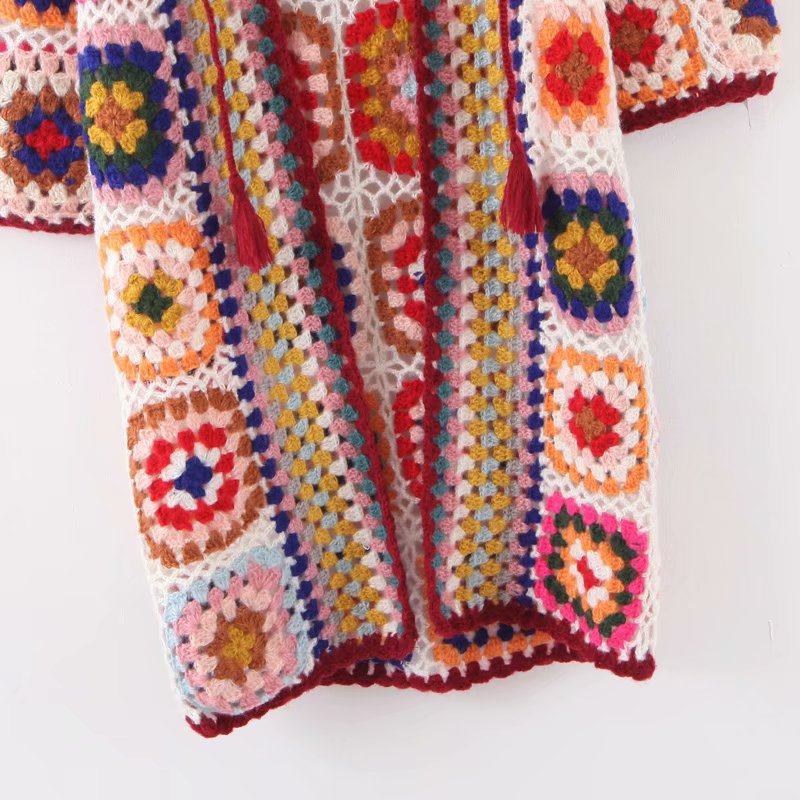 Multicolor Handmade Crochet Hooded Cardigan Oversized Tassel Long