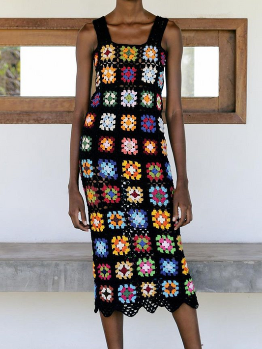 BOHO Summer Handmade Black Colored Plaid Crochet Sling Dress