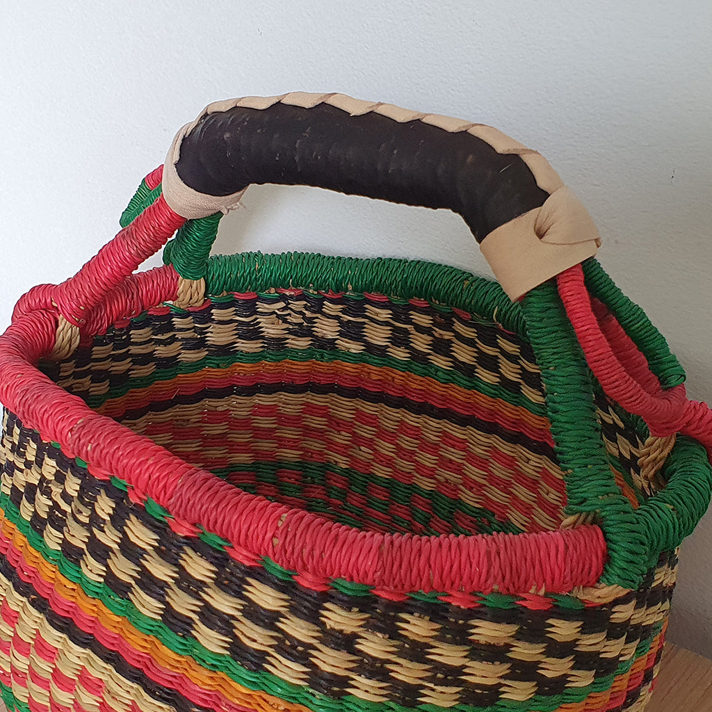 Handmade Round Bolga Basket with Black Leather Handle in Vivid Colors