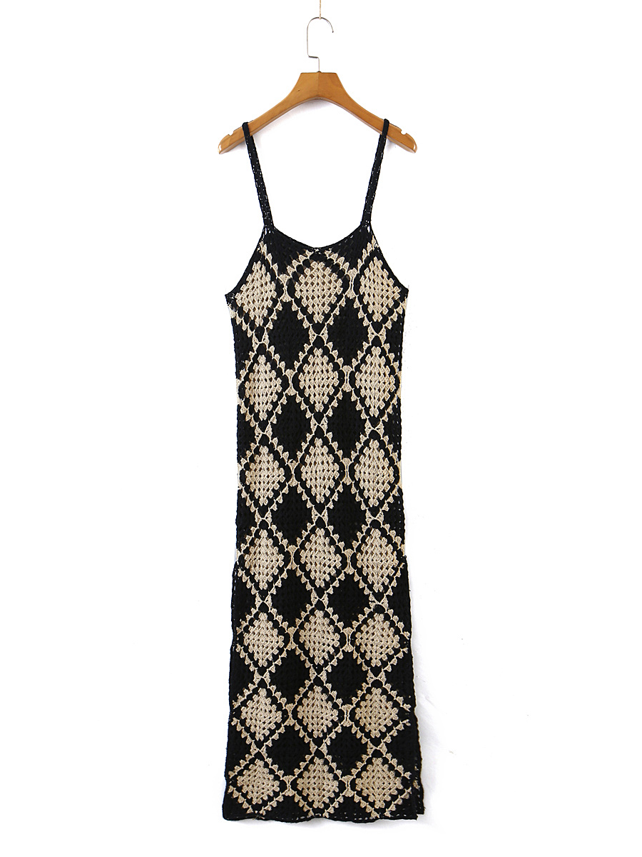 Summer Handmade Black Beige Plaid Crochet Sling Dress