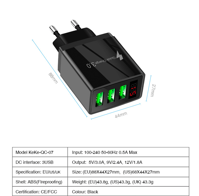 3-Port USB Quick Wall Charger with LED Voltage Display - Safe & Fast
