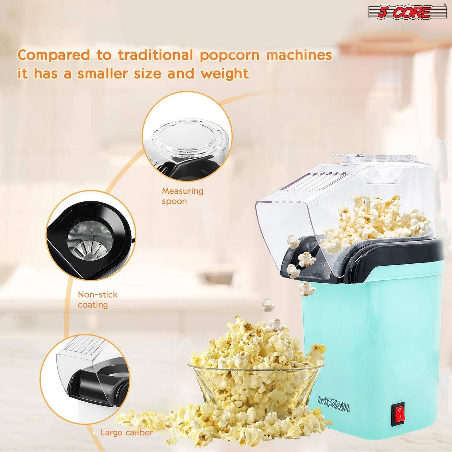 5 Core Hot Air Popcorn Popper Machine 1200W Electric Popcorn Kernel