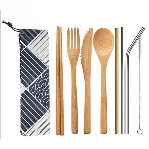 6/7/8pcs/set Straw Kitchen Utensil With Cloth Bag