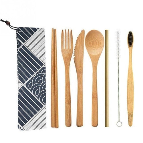 6/7/8pcs/set Straw Kitchen Utensil With Cloth Bag