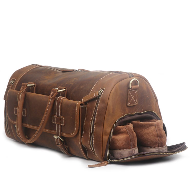 Large Size Handmade Leather Travel Bag with Shoes Compartment, Duffel