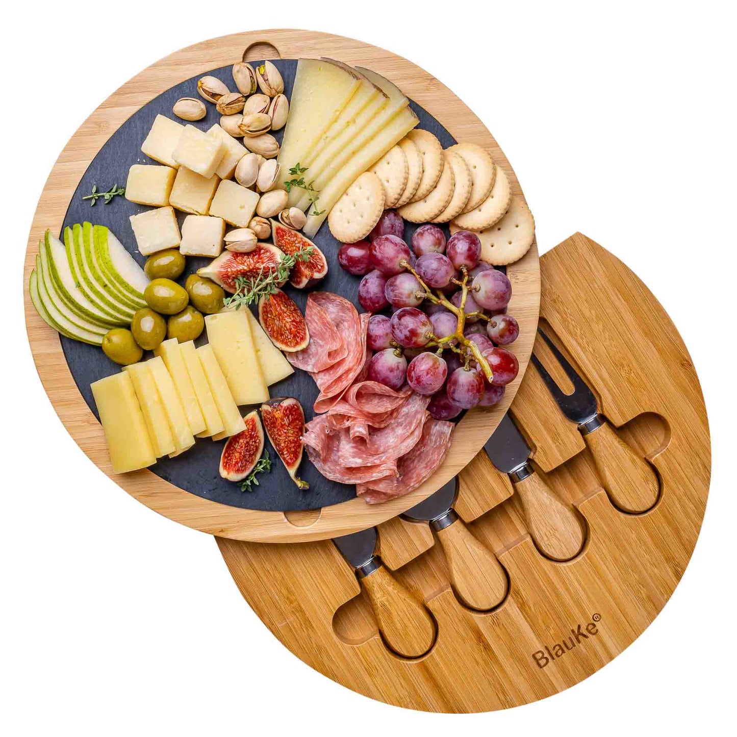 Round Bamboo Cheese Board with Knife Set and Removable Slate - 12 inch