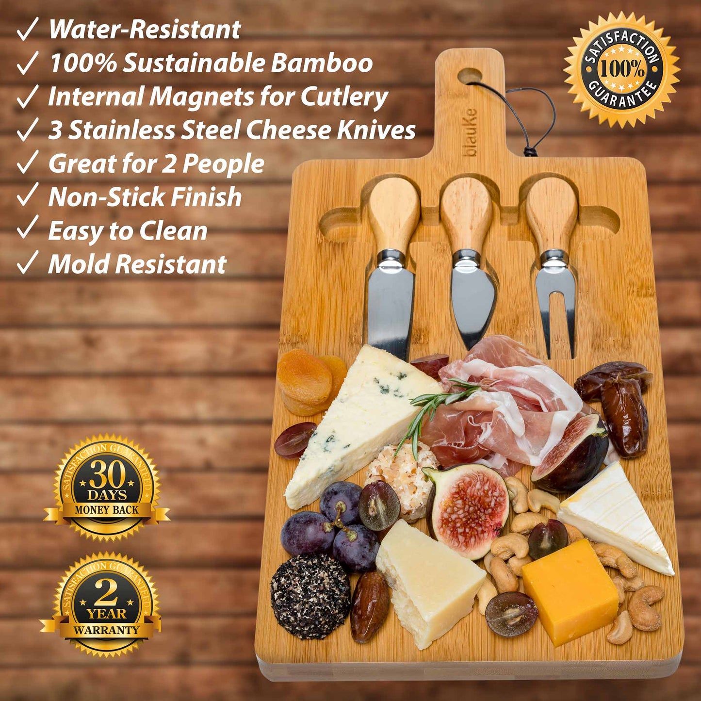 Bamboo Cheese Board and Knife Set - 12x8 inch Charcuterie Board with