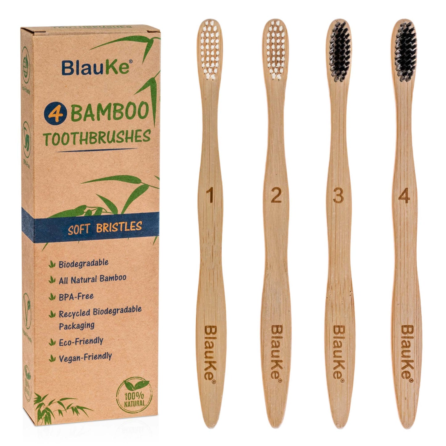 Bamboo Toothbrush Set 4-Pack - Bamboo Toothbrushes with Soft Bristles