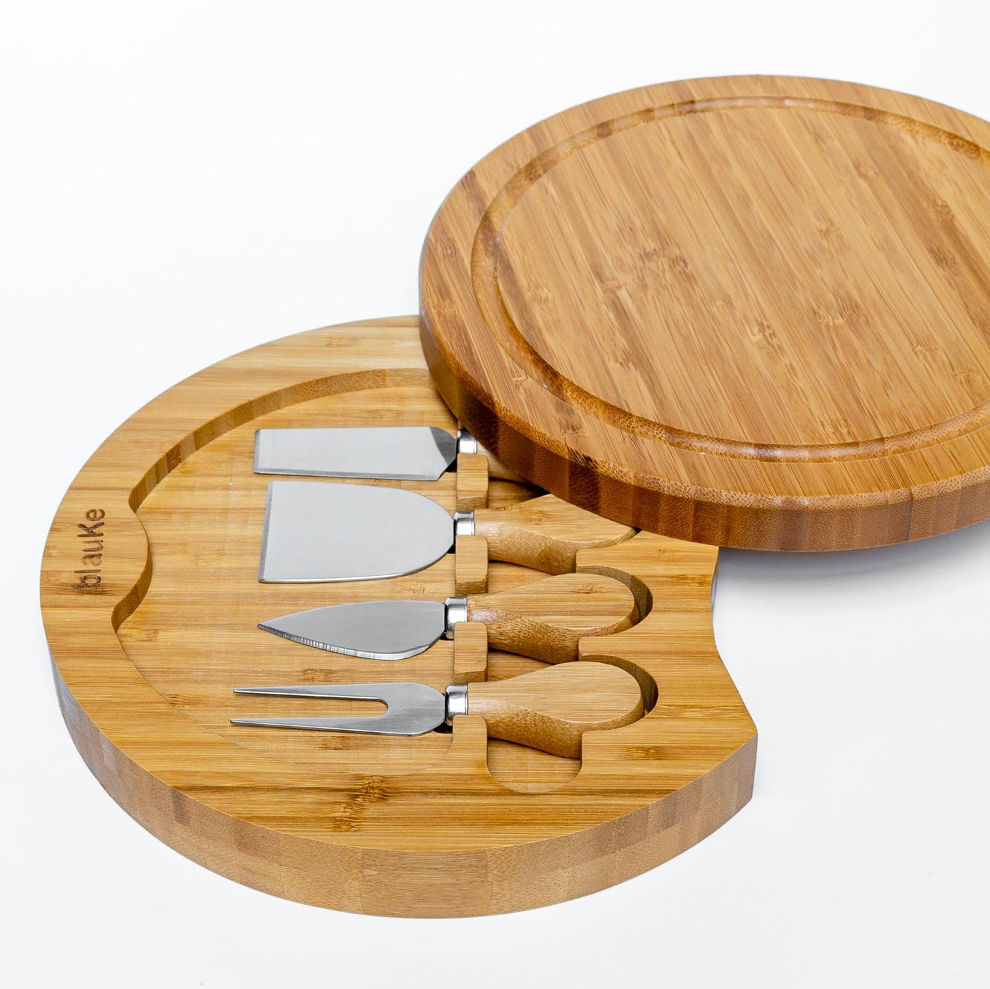 Bamboo Cheese Board and Knife Set - 10 Inch Swiveling Charcuterie