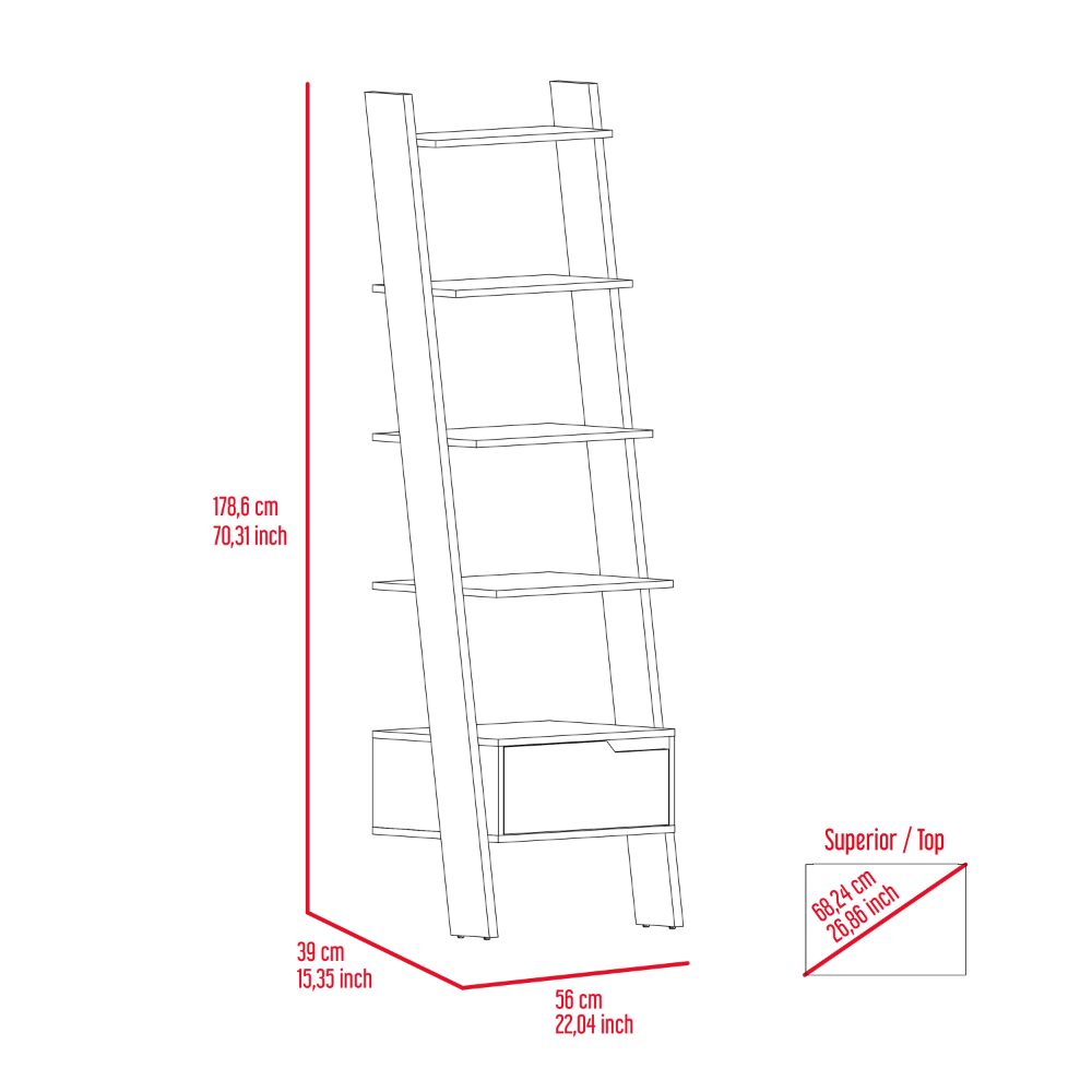 Ladder Bookcase Bull, One Drawer, Five Open Shelves, Dark Walnut