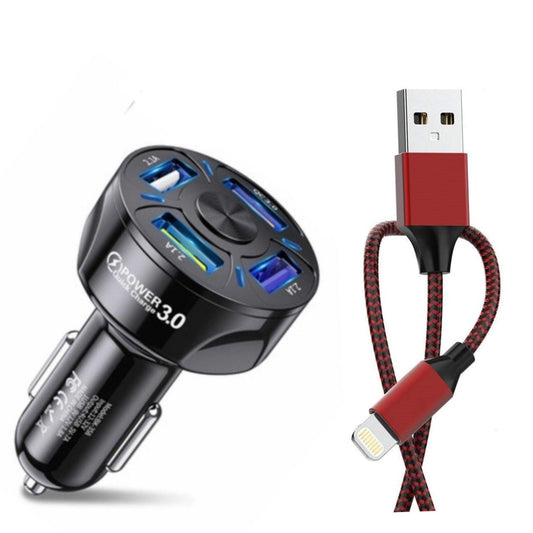 Black 4 Port LED Fast Car Charger and  6FT Charger Compatible for
