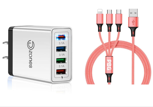 4 port High Speed Wall Charger + 3 in 1 Cable Combo