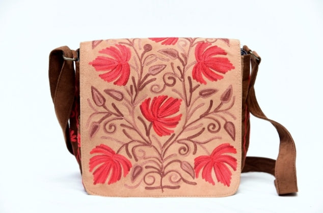 Handmade Beige and Red Suede Embroidered Messenger Bag