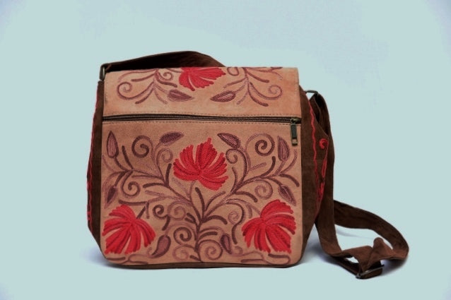 Handmade Beige and Red Suede Embroidered Messenger Bag