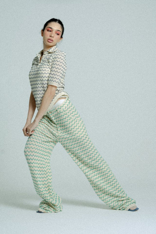 Light Weight Cotton Knit Long Wide Trousers Green