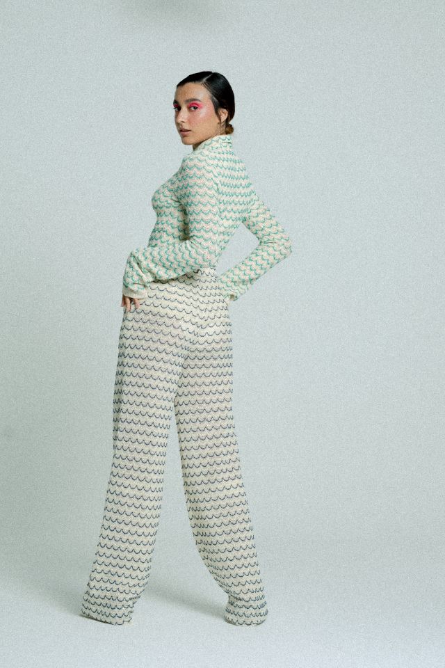 Light Weight Cotton Knit Long Wide Trousers Marine