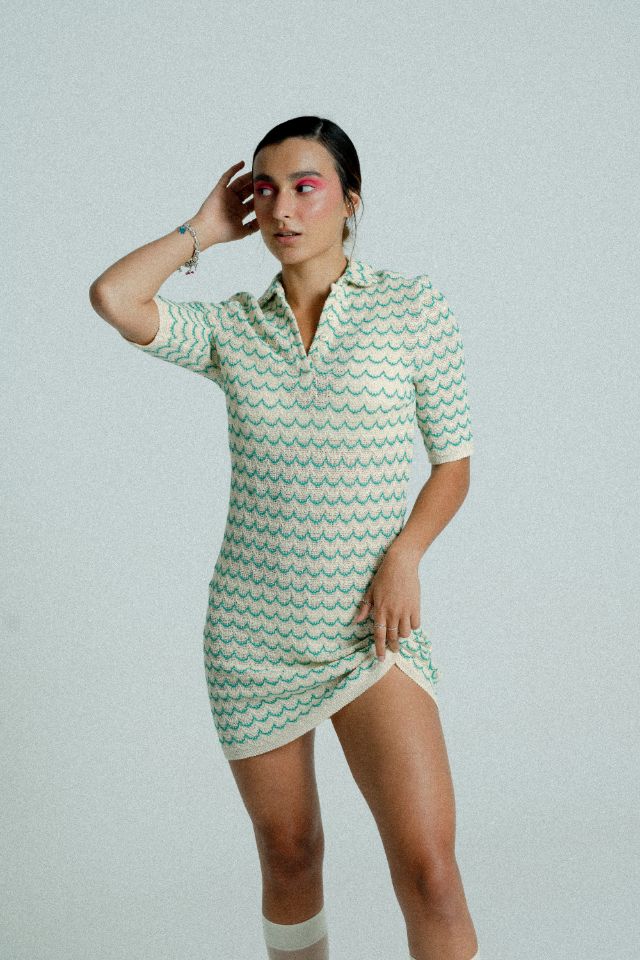 Light Weight Short Sleeve Button Up Cotton Knit Tennis Dress Green