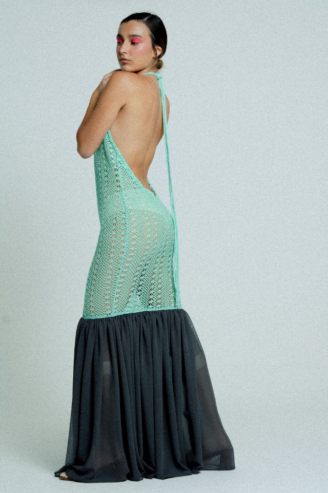 Open Back Cotton Crochet Dress Green on Black