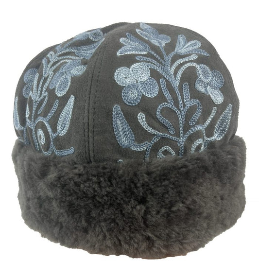Handmade Suede Dark Gray and Blue Embroidered Hat