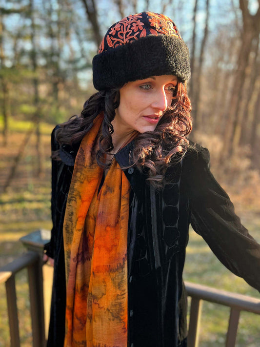 Handmade Black and Tangerine Suede Embroidered Hat