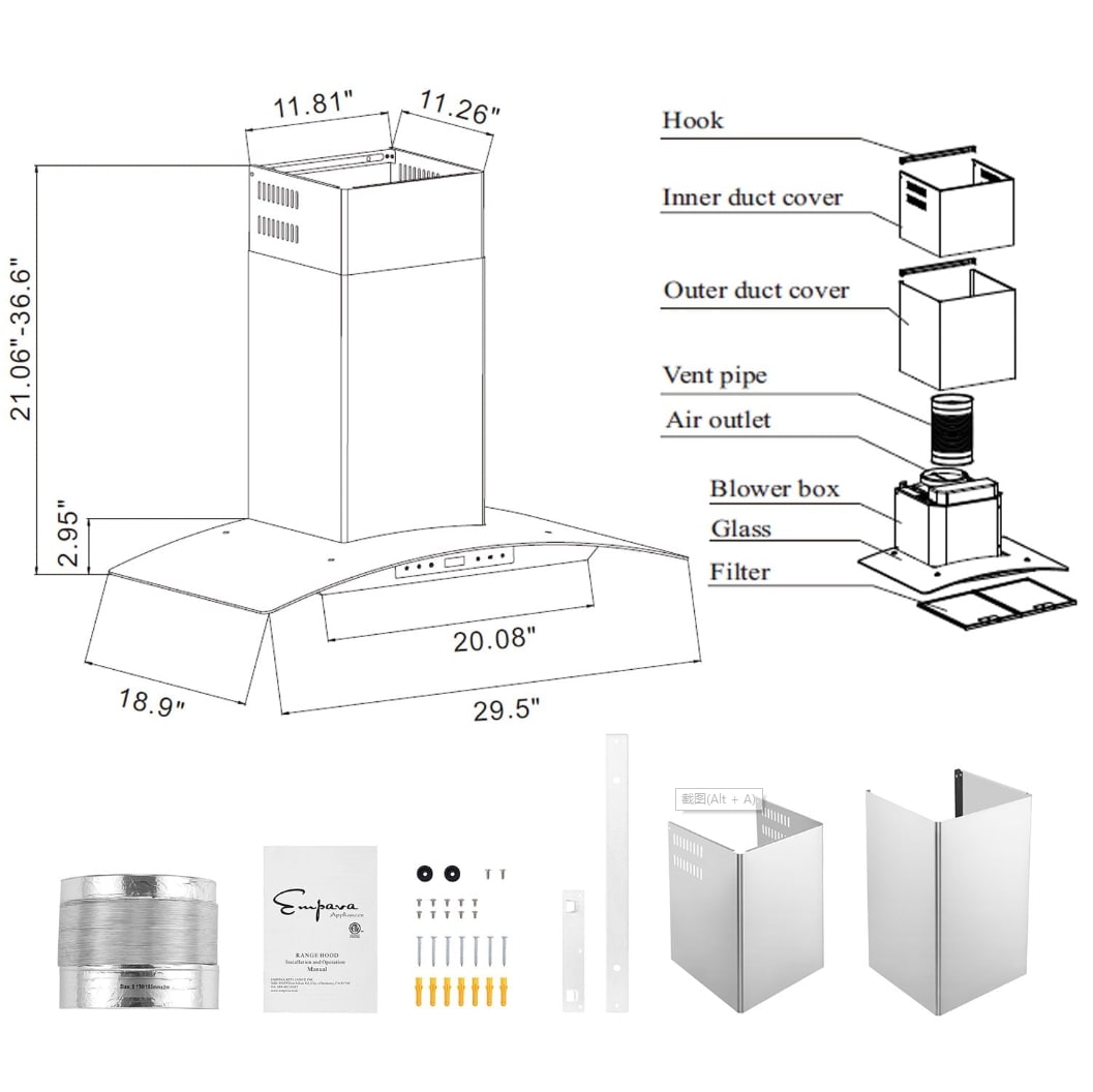 Empava 30RH06 30 in. 400 CFM Wall Mount Ducted Range Hood