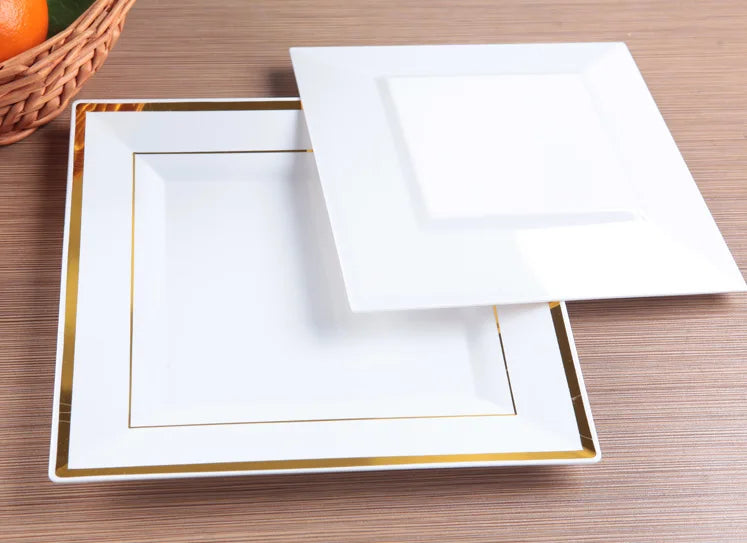 Premium Disposable Plastic Plates, Heavyweight Gold Rim Dinner Plastic Plates Salad/Dessert Plates for Wedding,Party