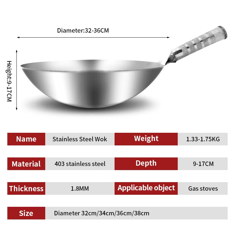 32cm Stainless Steel Wok 1.8mm Thick High Quality Chinese Wok Traditional Non Stick Rusting Gas Wok Cooker Pan Cooking