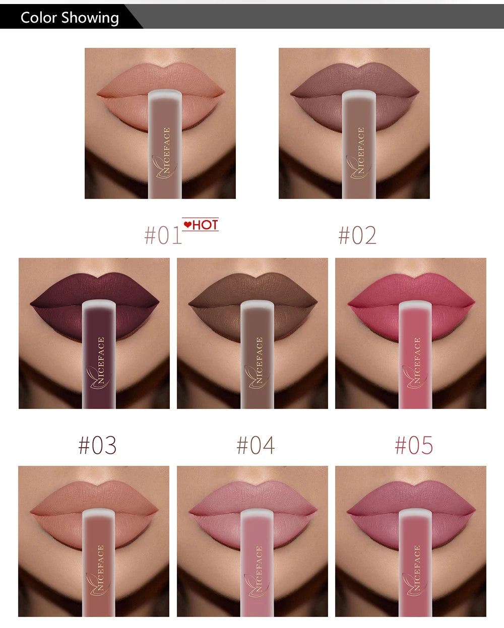 NICEFACE Hot Color Lip Gloss Waterproof Matt Lipgloss Lasting Nude Liquid Lipstick Cosmetic Sexy Women Lip Tint Makeup Lip Stain