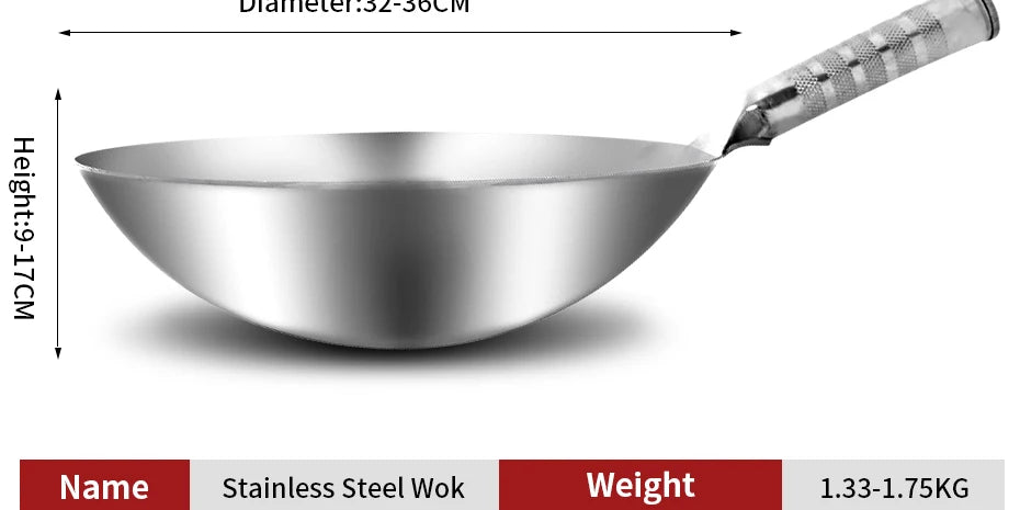 32cm Stainless Steel Wok 1.8mm Thick High Quality Chinese Wok Traditional Non Stick Rusting Gas Wok Cooker Pan Cooking