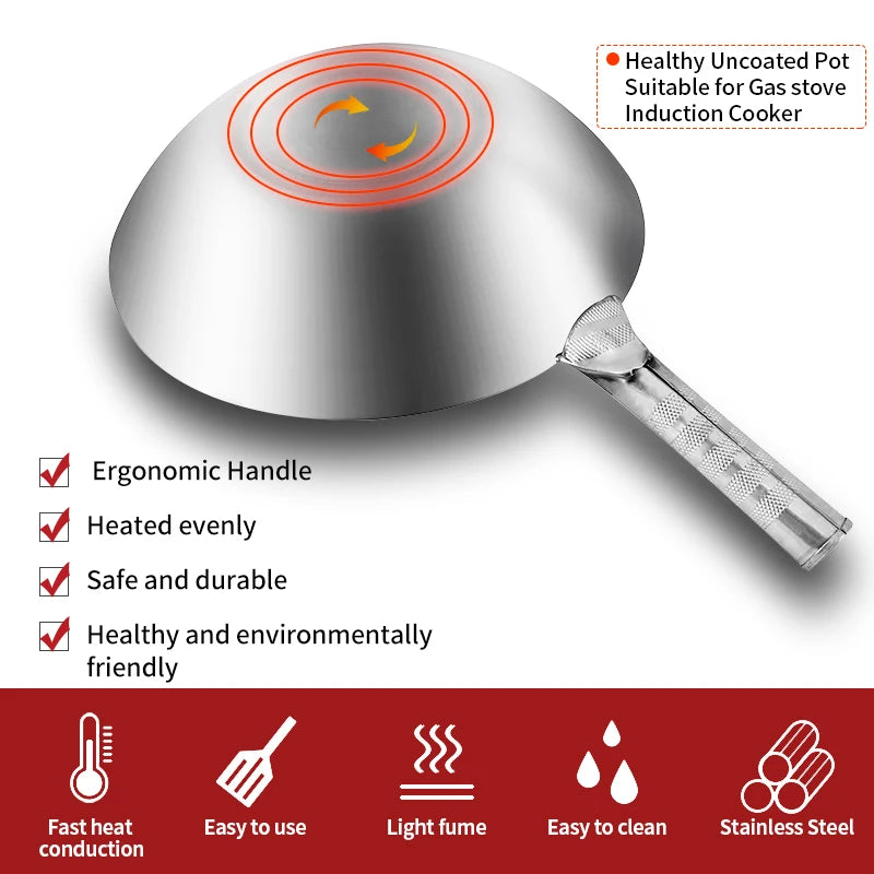 32cm Stainless Steel Wok 1.8mm Thick High Quality Chinese Wok Traditional Non Stick Rusting Gas Wok Cooker Pan Cooking