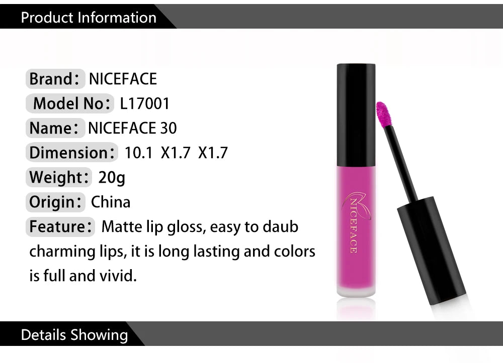 NICEFACE Hot Color Lip Gloss Waterproof Matt Lipgloss Lasting Nude Liquid Lipstick Cosmetic Sexy Women Lip Tint Makeup Lip Stain