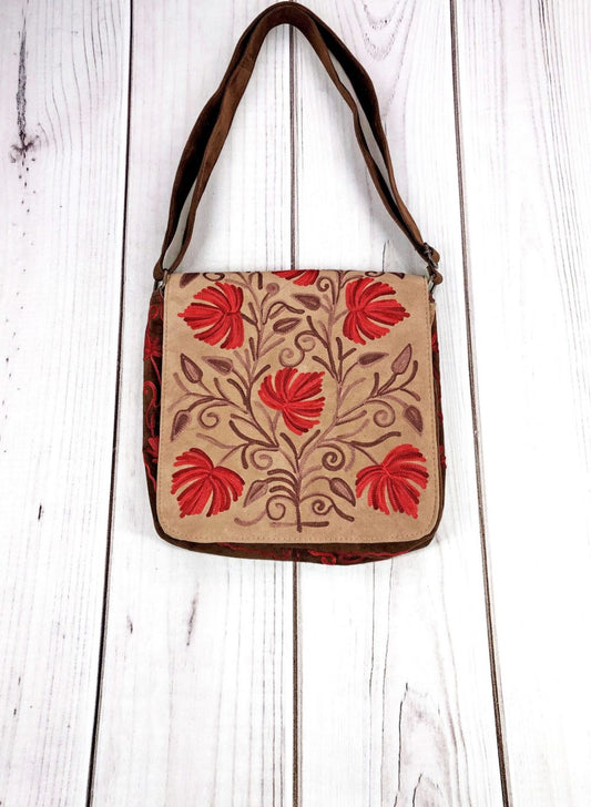 Handmade Beige and Red Suede Embroidered Messenger Bag