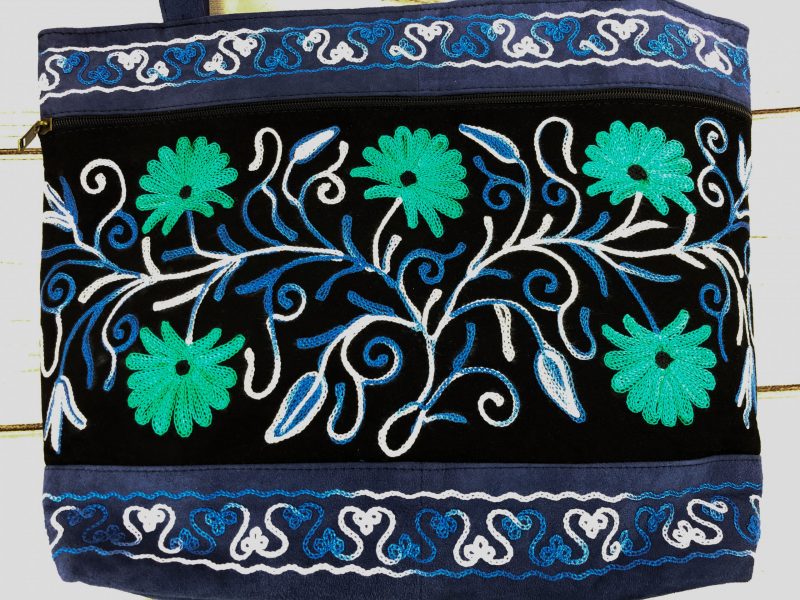Handmade Black And Blue Suede Embroidered Tote Bag