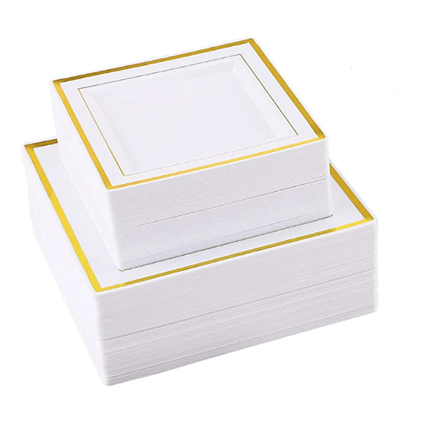 Premium Disposable Plastic Plates, Heavyweight Gold Rim Dinner Plastic Plates Salad/Dessert Plates for Wedding,Party