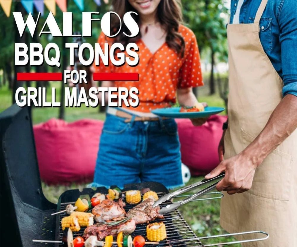 WALFOS Extra Long Stainless Steel BBQ Grilling Tong Salad Bread Serving Tong Non-Stick Kitchen Barbecue Grilling Cooking Tong