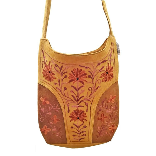 Handmade Suede Floral Design Embroidered Leather Satchel Bag