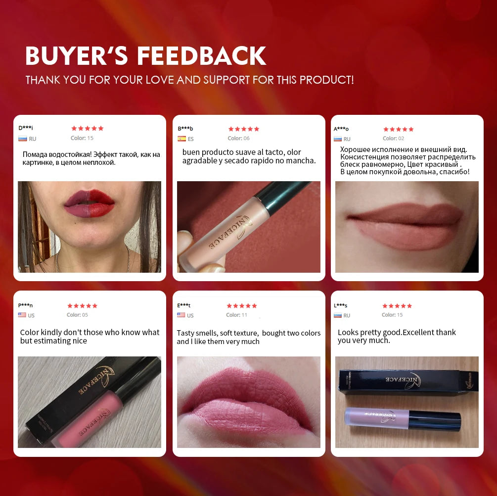 NICEFACE Hot Color Lip Gloss Waterproof Matt Lipgloss Lasting Nude Liquid Lipstick Cosmetic Sexy Women Lip Tint Makeup Lip Stain