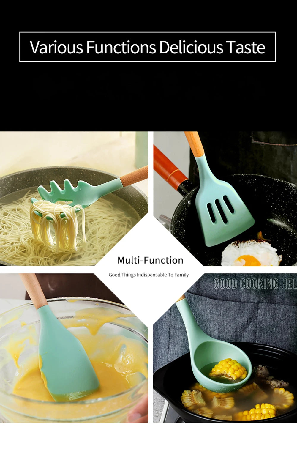 Silicone Kitchenware Cooking Utensils Set Non-stick Cookware Spatula Shovel Egg Beaters Wooden Handle Kitchen Cooking Tool Set