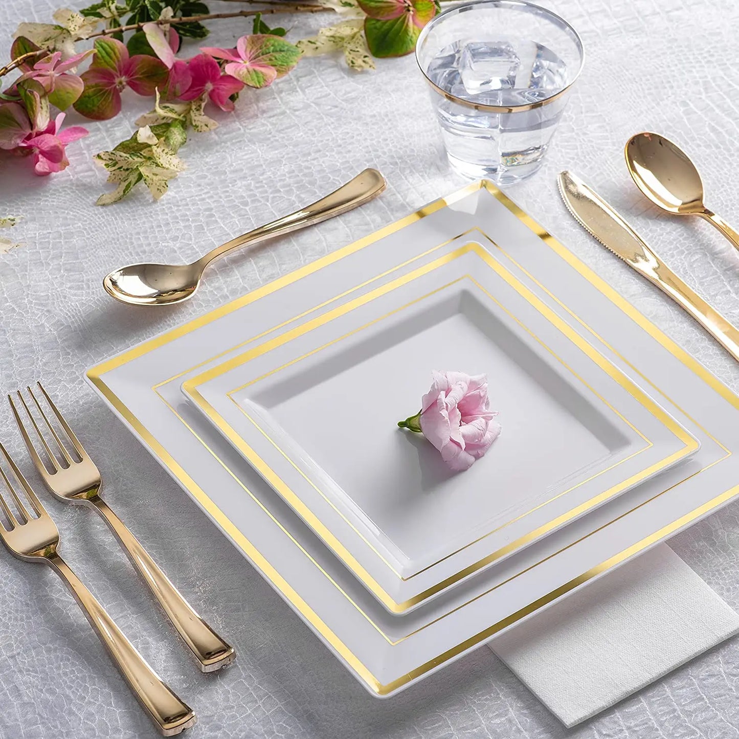 Premium Disposable Plastic Plates, Heavyweight Gold Rim Dinner Plastic Plates Salad/Dessert Plates for Wedding,Party