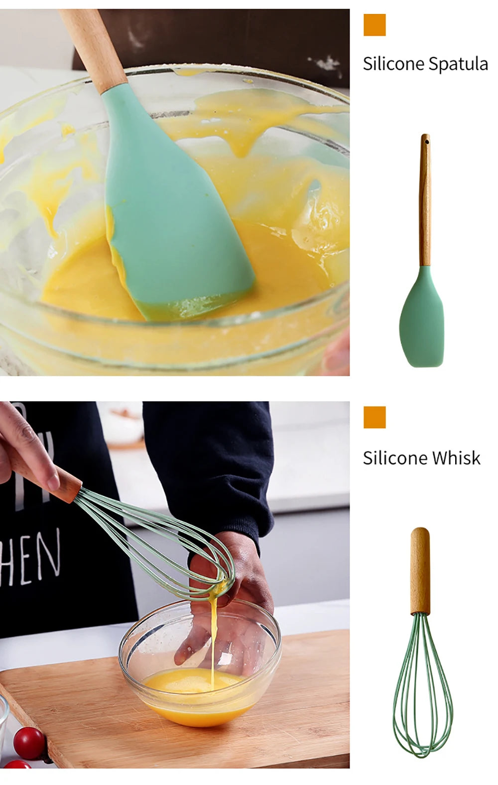 Silicone Kitchenware Cooking Utensils Set Non-stick Cookware Spatula Shovel Egg Beaters Wooden Handle Kitchen Cooking Tool Set