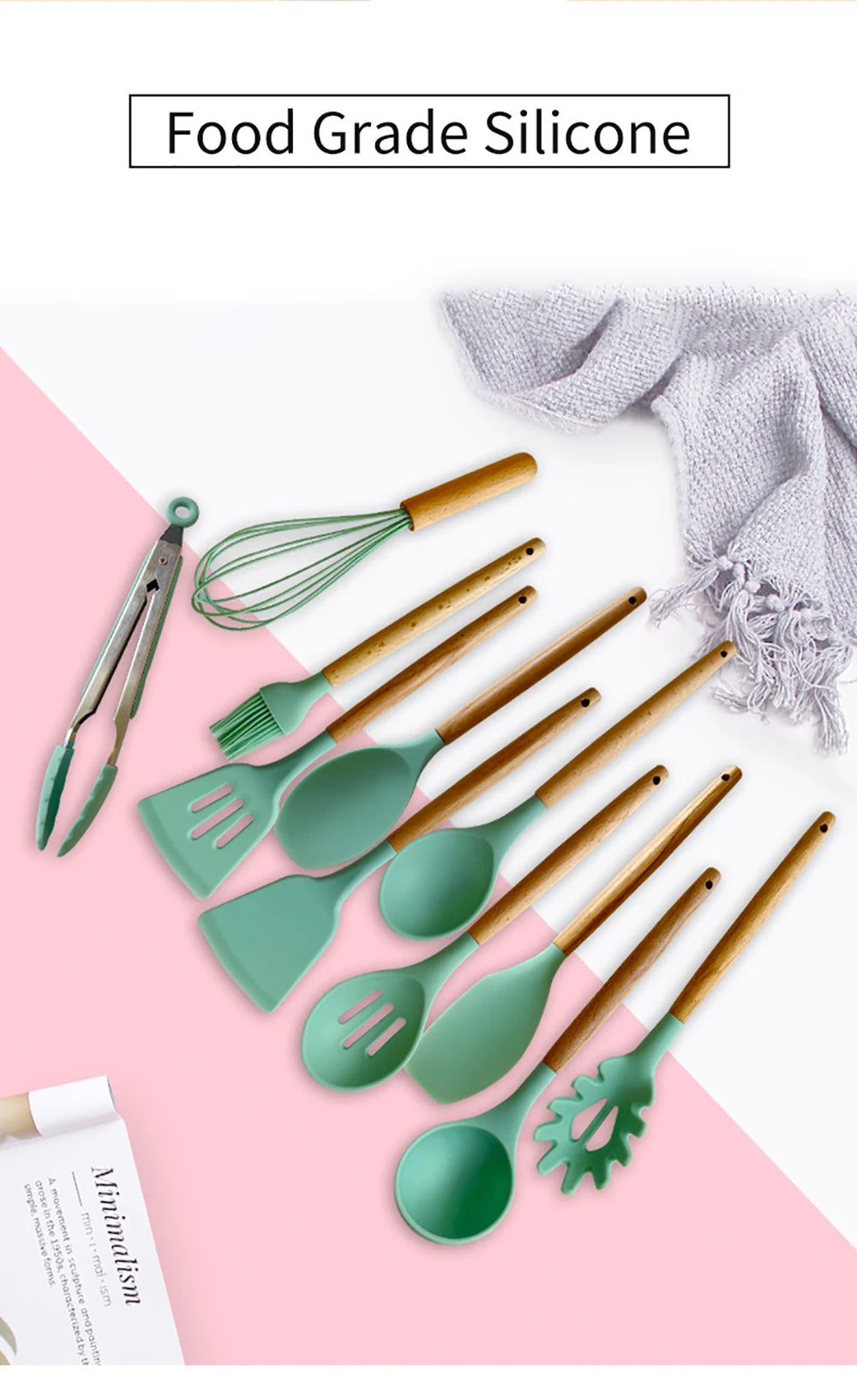 Silicone Kitchenware Cooking Utensils Set Non-stick Cookware Spatula Shovel Egg Beaters Wooden Handle Kitchen Cooking Tool Set