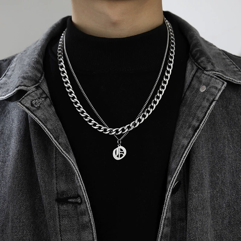 Cuban Alphabet Trendy Hip Hop Men Titanium Steel Pendant Necklace