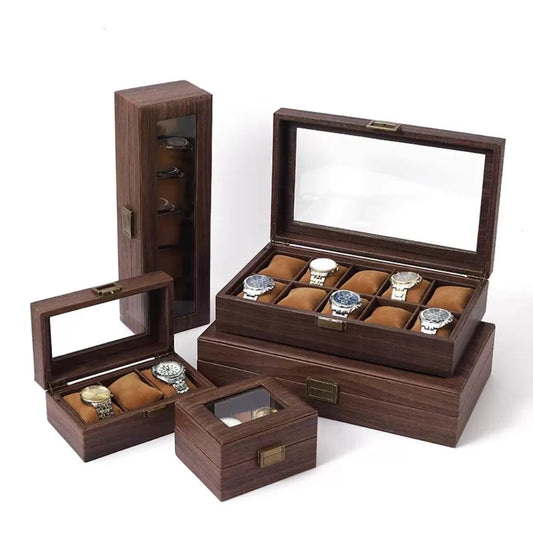 High-Grade Wood Grain Leather Watch Box Jewelry Storage Box Glass Louvre Watch Collection Box Bracelet Watch Display Box