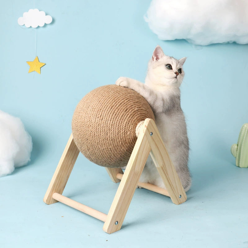 Cat Scratch Board Wooden Cat Grasping Ball Cat Grinding Claw Hand Wrapped Sisal Hemp Rope Cat Climbing Frame Scratching Pole Scratch-Resistant Cat Toy