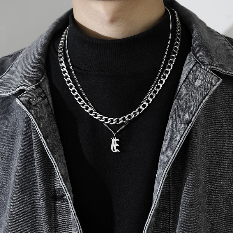 Cuban Alphabet Trendy Hip Hop Men Titanium Steel Pendant Necklace