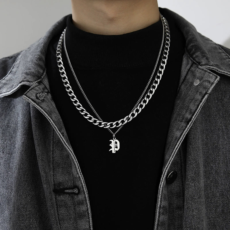 Cuban Alphabet Trendy Hip Hop Men Titanium Steel Pendant Necklace