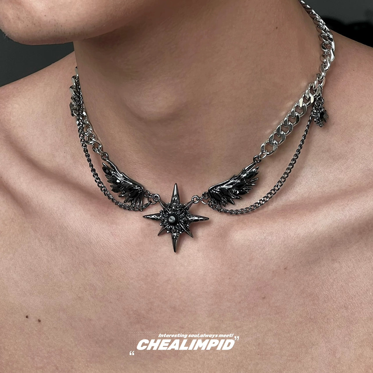 Dark Style Mangstar Gem Diamond Wings Hip-Hop Street Necklace Men and Women Niche Original Design Fancy Necklace