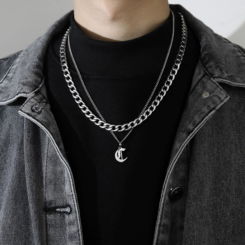 Cuban Alphabet Trendy Hip Hop Men Titanium Steel Pendant Necklace