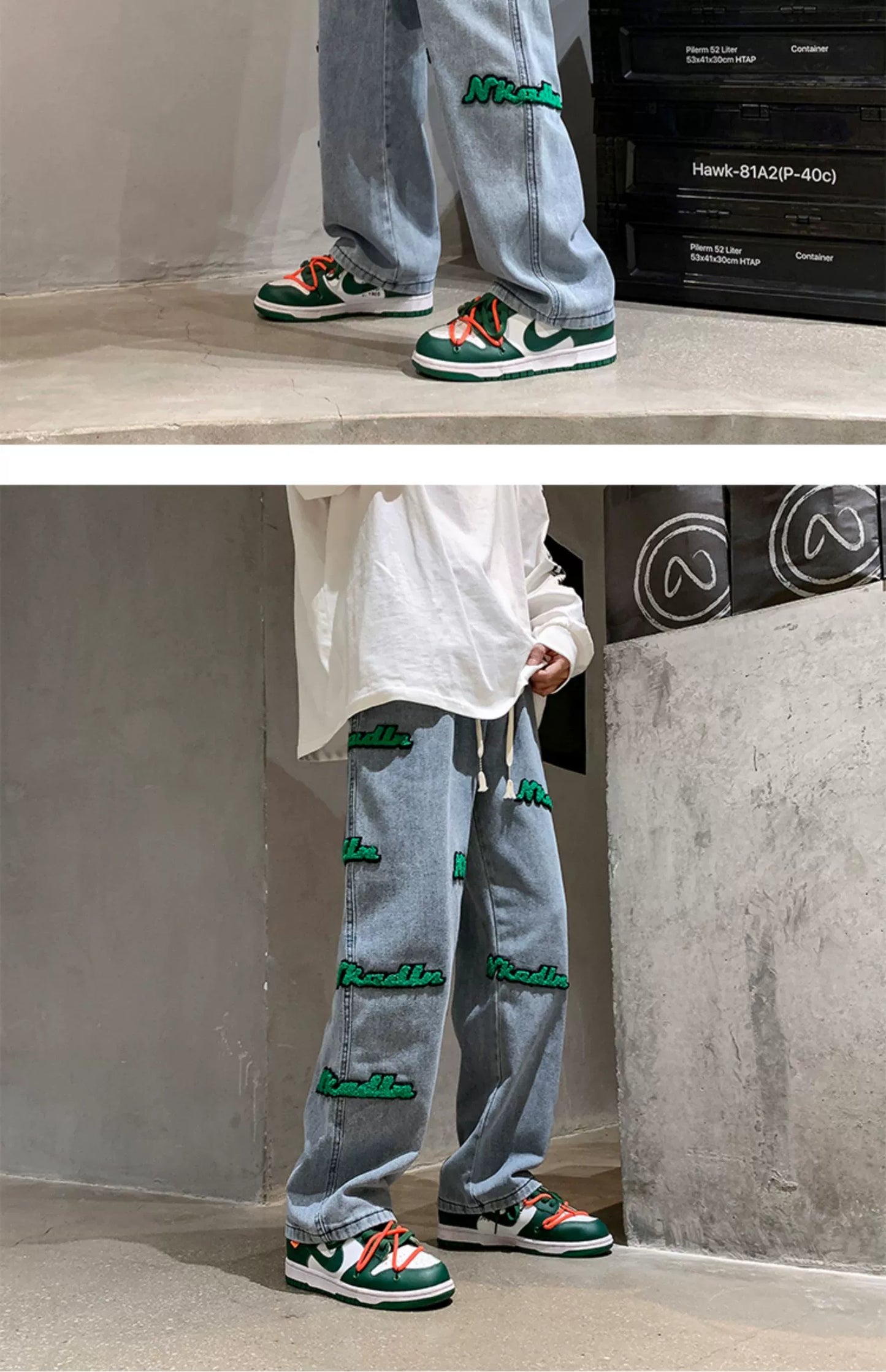 Street Fashion Brand Men's Loose Flocking Embroidered Jeans